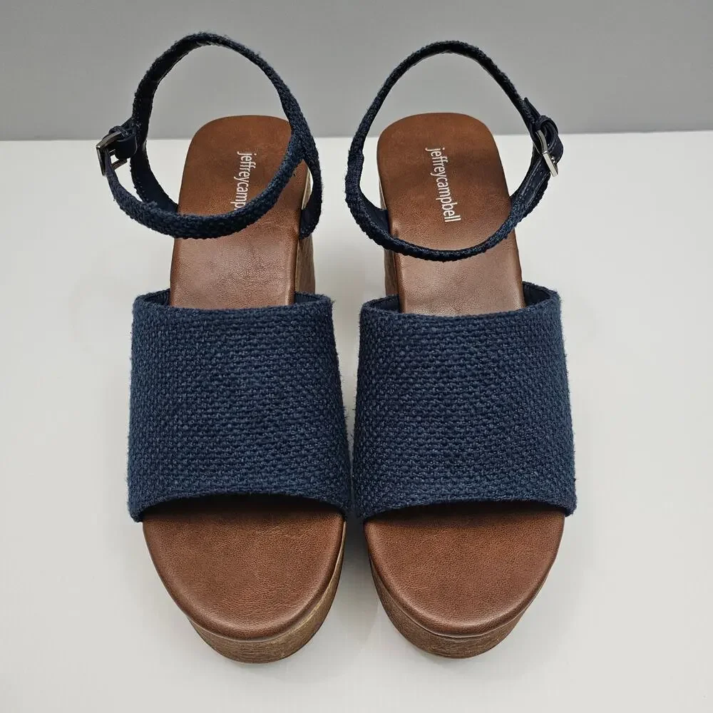 Jeffrey Campbell On Deck Platform Sandal Womens 10 Navy Blue Wood Wedge Heel